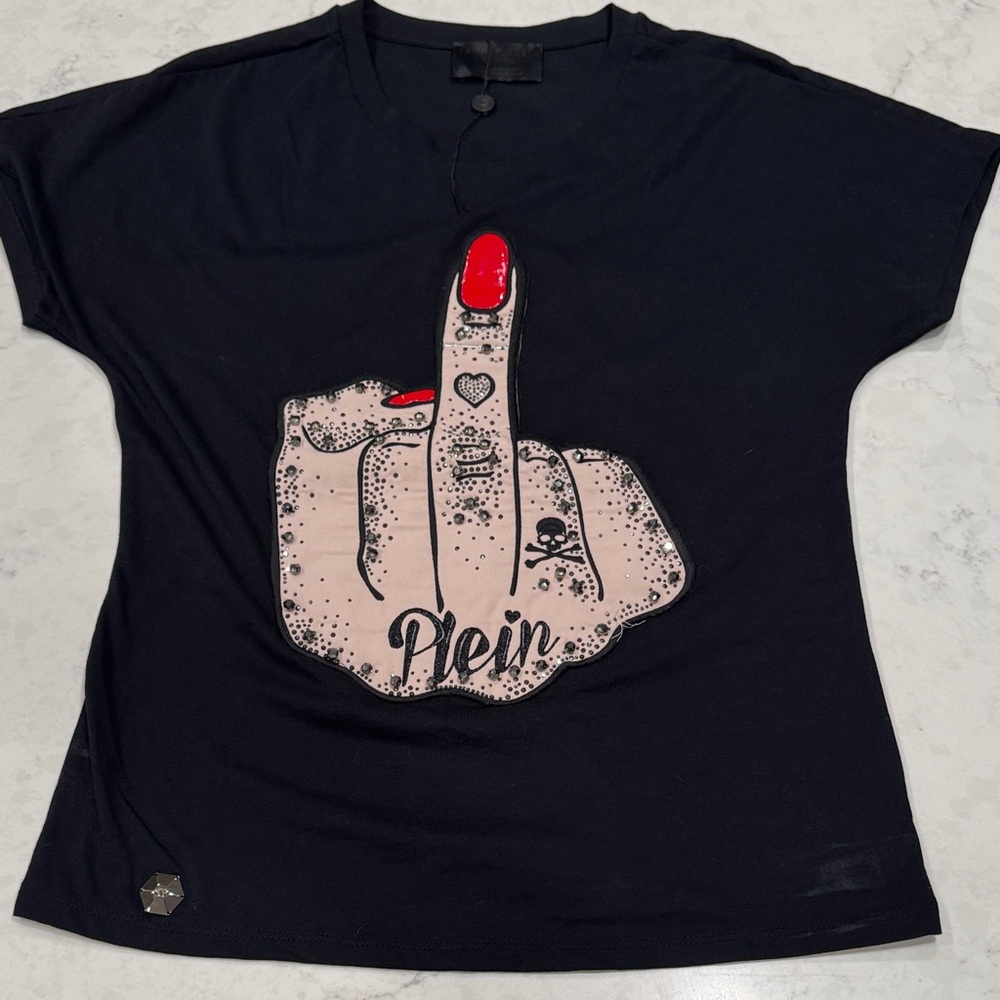 Philipp Plein Black Graphic Tee with Red and Beige Design